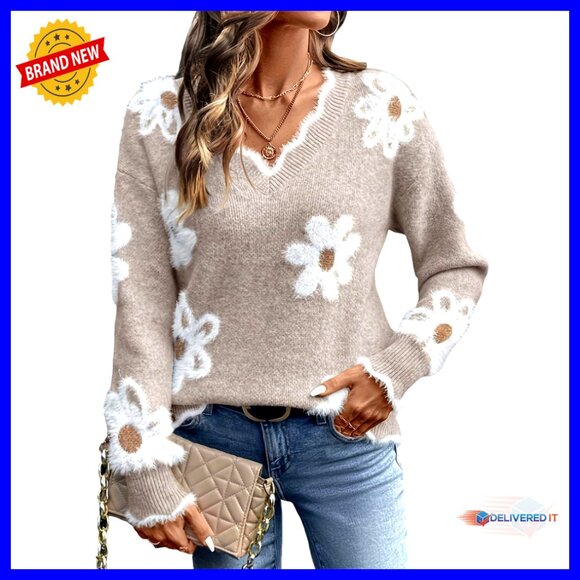 Sweaters - V-Neck Ribbed Knit Pullover Sweater Fuzzy Floral Pattern Cozy Casual Tops